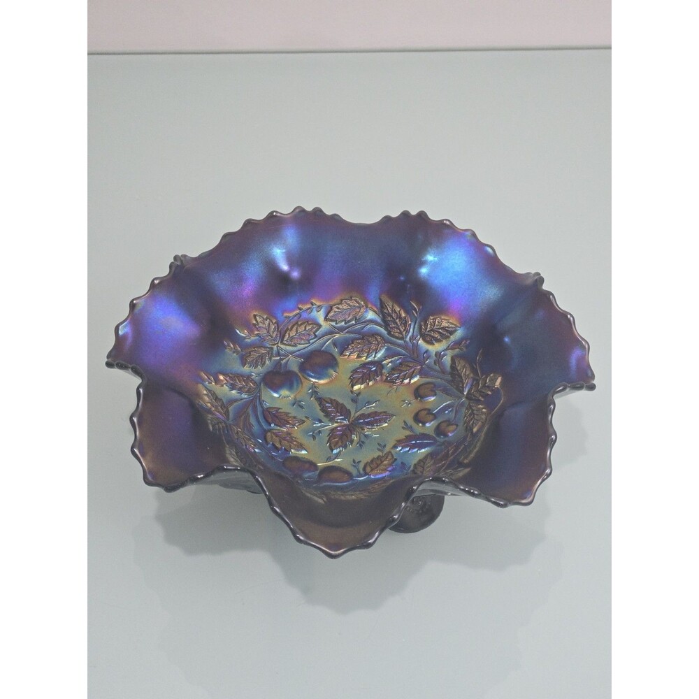 Northwood Carnival Glass 3 Fruits Amethyst Ruffled Bowl